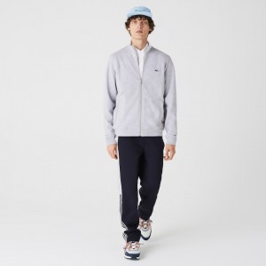 Chamarras Lacoste Zippered Stand-Up Collar Piqué Fleece Hombre Grises | FV3-43084Z0