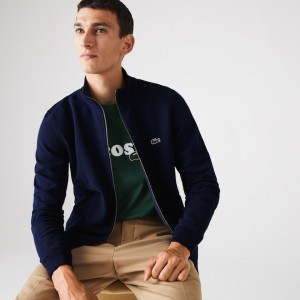 Chamarras Lacoste Zippered Stand-Up Collar Piqué Fleece Hombre Azul Marino Azules | PZ3-77097F0