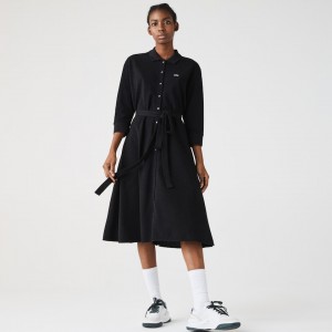 Vestido Tipo Polo Lacoste Buttoned Belted Cotton Piqué Mujer Grises | IK5-75787C3