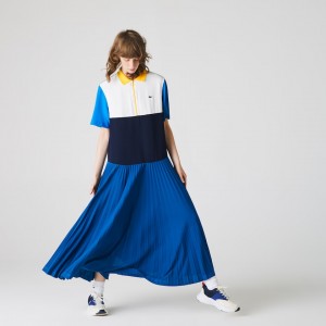 Vestido Tipo Polo Lacoste Colorblock Flowy Pleated Skirt Mujer Azules Azul Marino Azules Blancos Azules Amarillos | FX5-47104N8