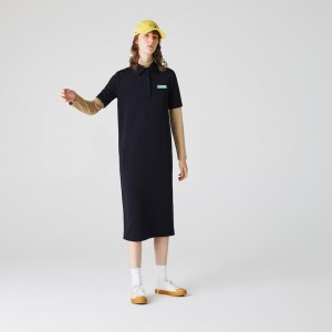 Vestido Tipo Polo Lacoste LIVE Straight Cut Badge Flowing Mujer Azul Marino Azules | AT1-74147E1