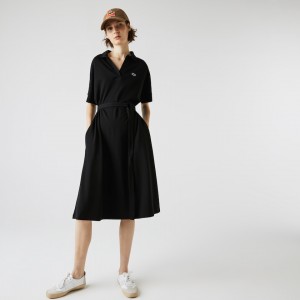 Vestido Tipo Polo Lacoste V-neck Fitted Flowy Piqué Mujer Negros | UA3-90659N7
