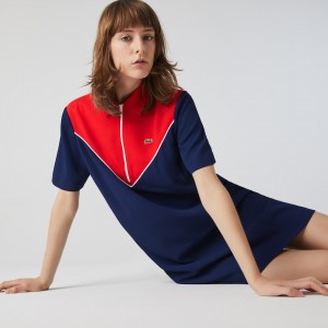 Vestido Tipo Polo Lacoste Zip-Collar Colorblock Mujer Azules Blancos Rojos | CZ8-00090H8