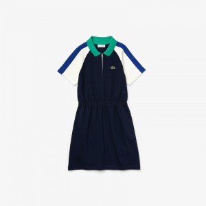 Vestido Tipo Polo Lacoste Niños Azul Marino Azules Blancos Azules Verdes Zippered Colorblock Cotton MM4-40624L9
