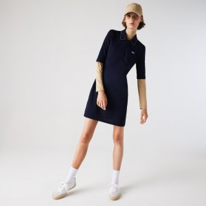 Vestido Tipo Polo Lacoste Zippered Short Stretch Cotton Piqué Mujer Azul Marino Azules Blancos | GB1-82348O5