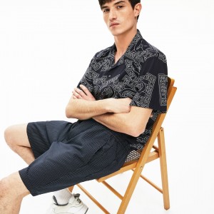 Short Lacoste Pinstriped Linen- Blend Bermuda Hombre Azul Marino Azules Blancos | SV7-69056P7