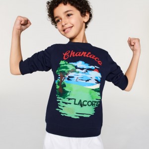 Sudaderas Lacoste Niños Azul Marino Azules Blancos Chantaco Print Fleece QP4-97289M8