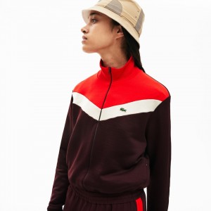Sudaderas Lacoste Color-Block Fleece Zip Up Mujer Rojos Oscuro Beige Rojos | YU0-59595Y3