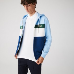 Sudaderas Lacoste Colorblock Fleece Zippered Hooded Hombre Azules Blancos Verdes Azules | UO8-54345P2