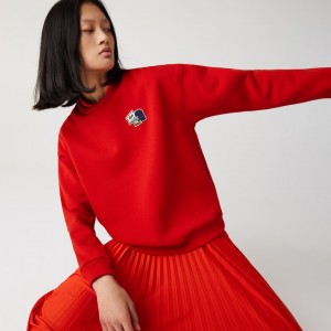 Sudaderas Lacoste Crew Neck Badge Fleece Mujer Rojos | AH4-21762I1