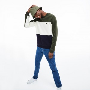 Sudaderas Lacoste Crew Neck Colorblock Piqué Fleece Hombre Azul Marino Azules Blancos Kaki Verdes | IF8-25072K8