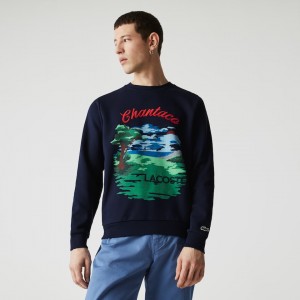 Sudaderas Lacoste Crew Neck Landscape Print Fleece Hombre Azul Marino Azules Rojos | DS0-96439Y0