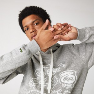 Sudaderas Lacoste Hooded Badge Print Fleece Hombre Grises | NT1-59175W0