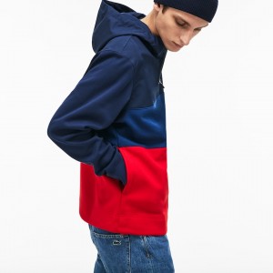 Sudaderas Lacoste Hooded Colorblock Fleece Jersey Hombre Azul Marino Azules Rojos | BZ9-36503E4
