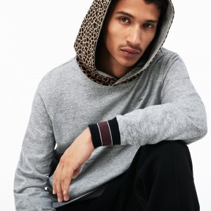 Sudaderas Lacoste LIVE Leopard Print Hood Fleece Hombre Grises Blancos | ZJ5-09350U1