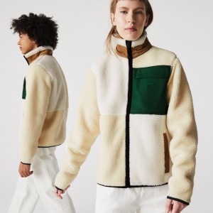 Sudaderas Lacoste Hombre Beige Blancos LIVE Relaxed Fit Colorblock Sheepskin Fleece JD1-11231H4