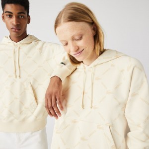 Sudaderas Lacoste LIVE Relaxed Fit Hooded Monogram Cotton Mujer Beige | IQ9-38603D5