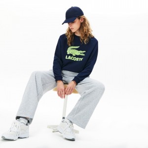 Sudaderas Lacoste Printed Fleece Mujer Azul Marino Azules Amarillos | BP2-01710S2