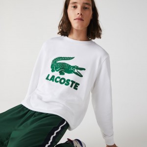 Sudaderas Lacoste Printed Logo Fleece Crew Neck Hombre Blancos | QV8-30113Y8