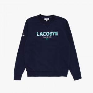 Sudaderas Lacoste SPORT Miami Open Print Fleece Hombre Azul Marino Azules Blancos | JB7-98299B2