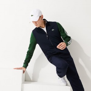 Sudaderas Lacoste SPORT Two-Tone Technical Piqué Zip Hombre Azul Marino Azules Verdes | RO2-64816Q3