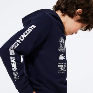 Sudaderas Lacoste Niños Azul Marino Azules Blancos Signature Logos Cotton-Blend Hoodie QT7-27042I1