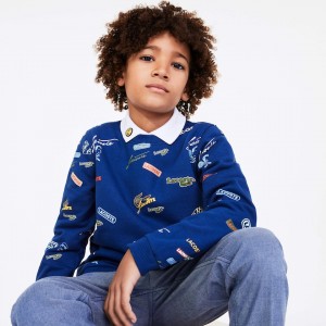 Sudaderas Lacoste Niños Azules Blancos Signature Print Cotton Fleece QB6-31803J7
