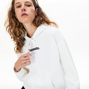 Sudaderas Lacoste Signature Wide Hooded Fleece Mujer Blancos | TK9-36893M1