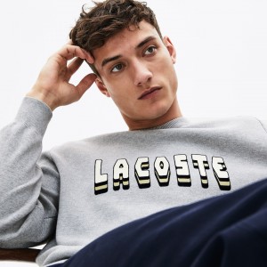 Suéteres Lacoste 3D-Lettering Crewneck Cotton Blend Hombre Grises | GG3-34433V0
