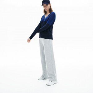 Suéteres Lacoste Colorblock Cotton V-neck Mujer Azul Marino Azules | WE8-62936B2