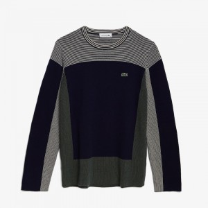 Suéteres Lacoste Colorblock Knit Crew Neck Mujer Azul Marino Azules Kaki Verdes Beige | HH6-98799C5