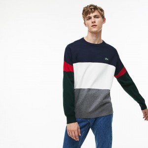 Suéteres Lacoste Crew Neck Colorblock Flat Ribbed Cotton Hombre Grises Blancos Azules Rojos Verdes | SD9-25772B8