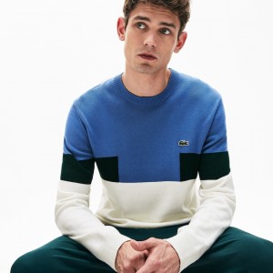 Suéteres Lacoste Crew Neck Colorblock Wool And Cotton Blend Hombre Blancos Azules Verdes | QL4-46934F7