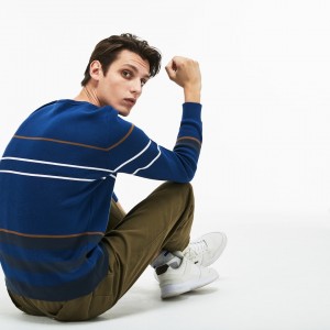 Suéteres Lacoste Crew Neck Multicolor Striped Milano Cotton Hombre Azul Marino Azules Azules Marrom Blancos | NF5-48754R2