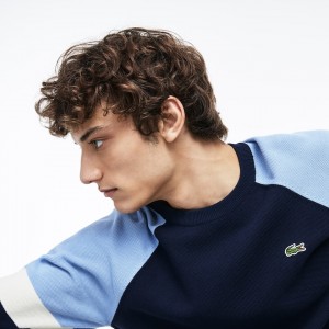 Suéteres Lacoste Crew Neck Raglan Sleeved Hombre Azul Marino Azules Blancos Azules Claro | CG4-77027H7