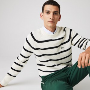Suéteres Lacoste Crew Neck Striped Ribbed Wool Hombre Blancos Azul Marino Azules | UC3-20792U5