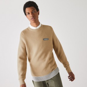 Suéteres Lacoste Crew Neck Textured Wool And Cotton Hombre Beige Blancos Azul Marino Azules | OK0-42104R5