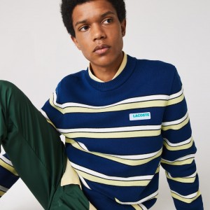 Suéteres Lacoste LIVE Striped Cotton Crew Neck Hombre Azules Blancos | MN0-33013X1