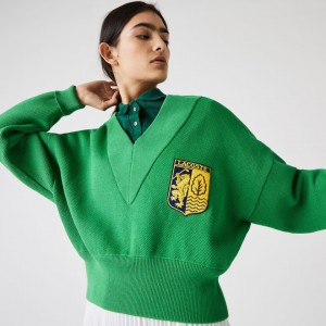 Suéteres Lacoste LIVE V-Neck Emblem Mujer Verdes | EK6-97349B8