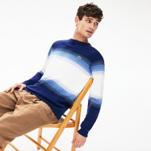 Suéteres Lacoste Made In France Degraded Cotton Crew Neck Hombre Azul Marino Azules Azules Blancos | PK7-27802D1