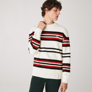 Suéteres Lacoste Made in France Striped Organic Cotton Crew Neck Hombre Blancos Azul Marino Azules Rojos | YU2-31263G3