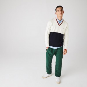 Suéteres Lacoste Made in France Two-Tone Wool V-Neck Hombre Azul Marino Azules Blancos Rojos Oscuro | OX0-43624H9