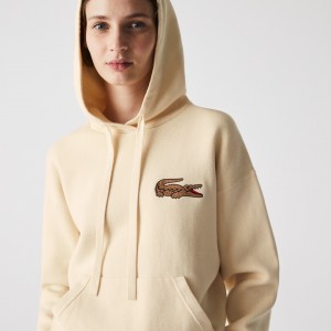 Suéteres Lacoste Relaxed Embroidered Croc Hooded Cotton Mujer Beige | EC1-85138K0