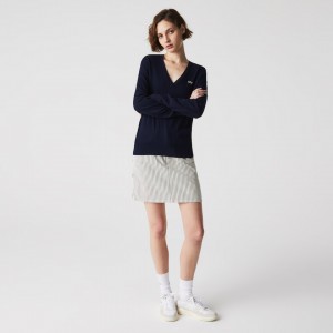 Suéteres Lacoste Relaxed V-Neck Organic Cotton Mujer Azul Marino Azules | UX3-73437M8