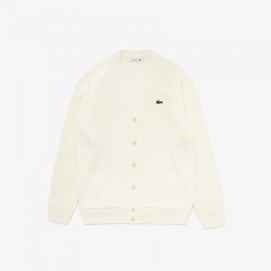 Suéteres Lacoste Ribbed Wool Blend V-neck Cardigan Mujer Blancos | LQ4-03240D5