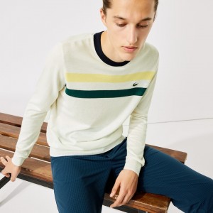 Suéteres Lacoste SPORT Breathable Striped Wool Golf Hombre Blancos Amarillos Verdes Azul Marino Azules | XG9-39963X3
