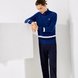 Suéteres Lacoste SPORT Breathable Wool Golf Hombre Azules Azul Marino Azules Blancos | IW3-45784K0