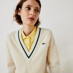 Suéteres Lacoste SPORT Recycled Cashmere V-neck Golf Mujer Blancos Amarillos Verdes | MJ6-09350U7