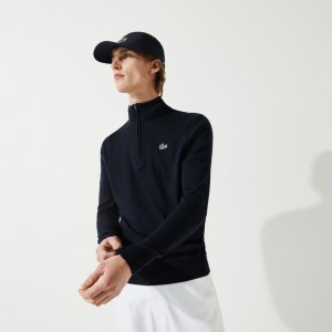 Suéteres Lacoste SPORT Solid Breathable Knit Zip Collar Golf Hombre Azul Marino Azules | TH5-94049P6