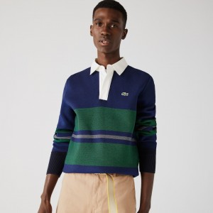 Suéteres Lacoste Striped Rugby Hombre Azul Marino Azules Azules Verdes Beige Blancos | QQ8-44724M2